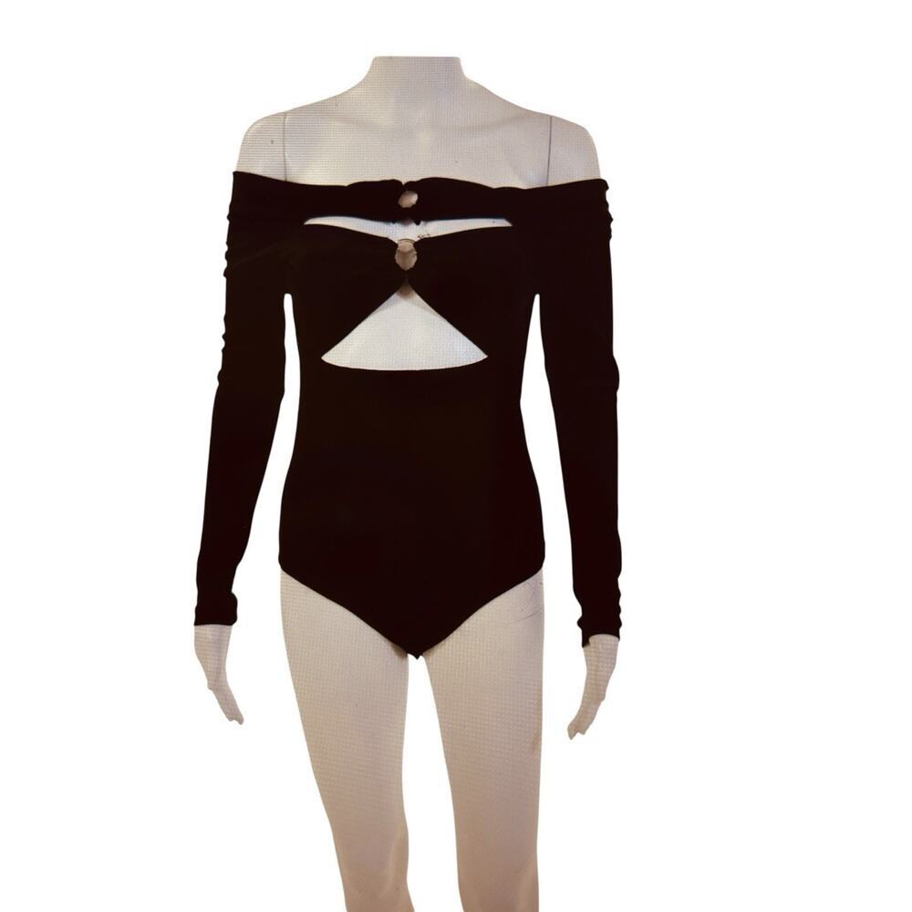 Glamorous Velvet Bodysuit Cutout Long Sleeve Off Shoulder Going Out Black L NWT